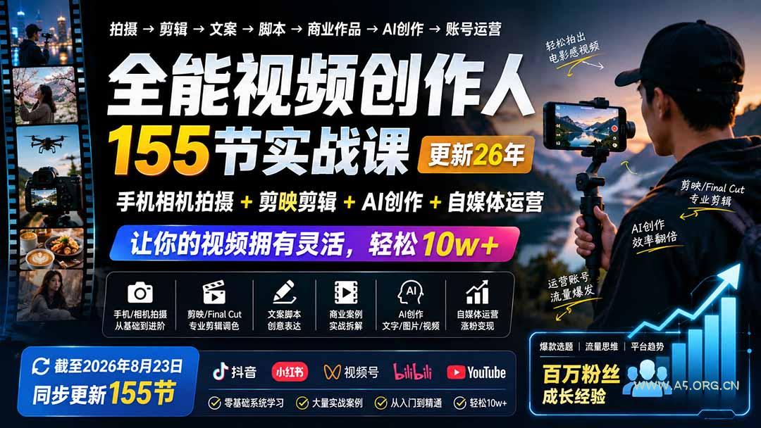 全能视频创作人155节实战课-更新26年8月:手机相机拍摄+剪映剪辑+AI创作+自媒体运营,让你的视频拥有灵活,轻松10w - 小红泡 全能视频创作人155节实战课-更新26年8月:手机相机拍摄+剪映剪辑+AI创作+自媒体运营,让你的视频拥有灵活,轻松10w - 小红泡
