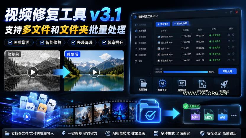 视频修复工具v3.1,支持多文件和文件夹批量处理 - 小红泡 视频修复工具v3.1,支持多文件和文件夹批量处理
