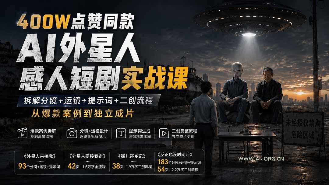 400W点赞同款AI外星人感人短剧实战课:拆解分镜+运镜+提示词+二创流程,从爆款案例到独立成片 - 小红泡 400W点赞同款AI外星人感人短剧实战课:拆解分镜+运镜+提示词+二创流程,从爆款案例到独立成片 - 小红泡