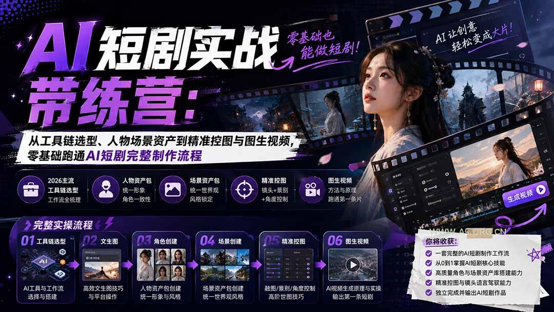 AI短剧实战训练营：从工具链选型、人物场景资产到精准控图与图生视频，零基础跑通AI短剧完整制作流程 - 小红泡