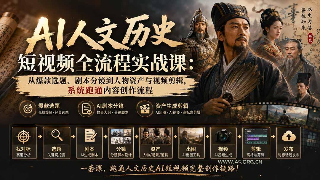 AI人文历史短视频全流程实战课：从爆款选题、剧本分镜到人物资产与视频剪辑，系统跑通内容创作流程 - 小红泡