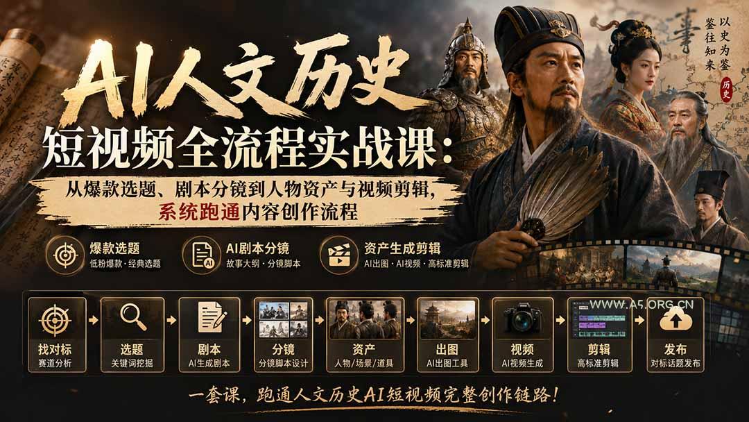 AI人文历史短视频全流程实战课：从爆款选题、剧本分镜到人物资产与视频剪辑，系统跑通内容创作流程 - 小红泡