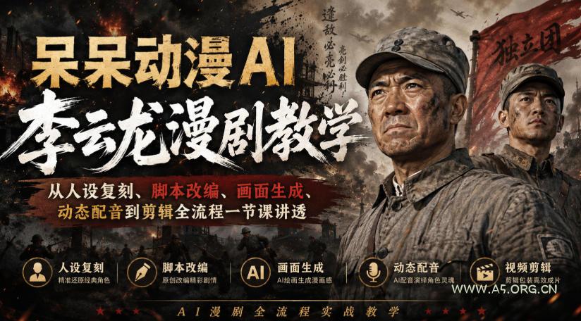 呆呆动漫AI李云龙漫剧教学,从人设复刻、脚本改编、画面生成、动态配音到剪辑全流程一节课讲透 - 小红泡 呆呆动漫AI李云龙漫剧教学,从人设复刻、脚本改编、画面生成、动态配音到剪辑全流程一节课讲透