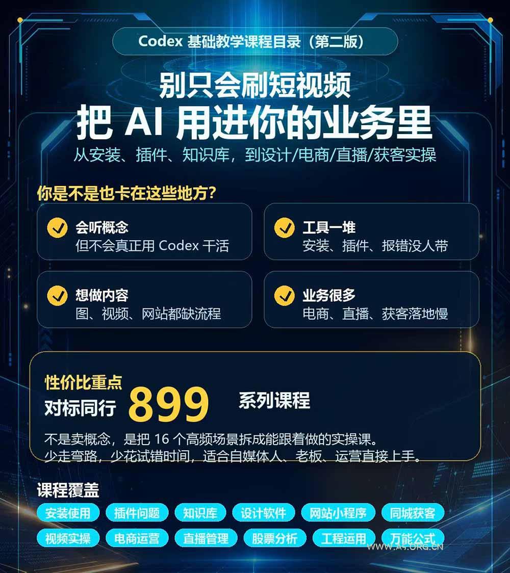 Codex全场景系统实操课-第2期：从安装插件、知识库到设计视频、电商直播与网站开发，掌握AI真实业务落地完整流程 - 小红泡
