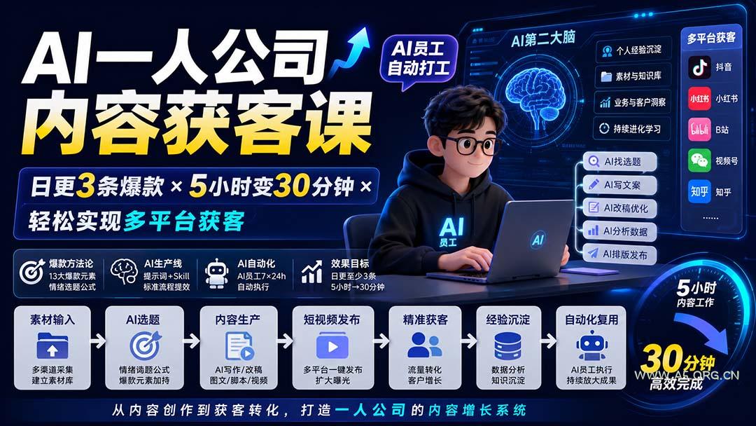 AI一人公司内容获客课-更新8月：日更3条爆款&times;5小时变30分钟&times;AI员工自动打工，轻松实现多平台获客 - 小红泡