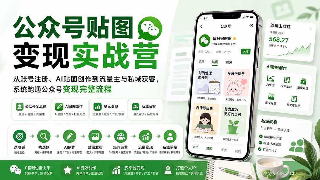 公众号贴图变现实战营：从账号注册、AI贴图创作到流量主与私域获客，系统跑通公众号变现完整流程 - 小红泡