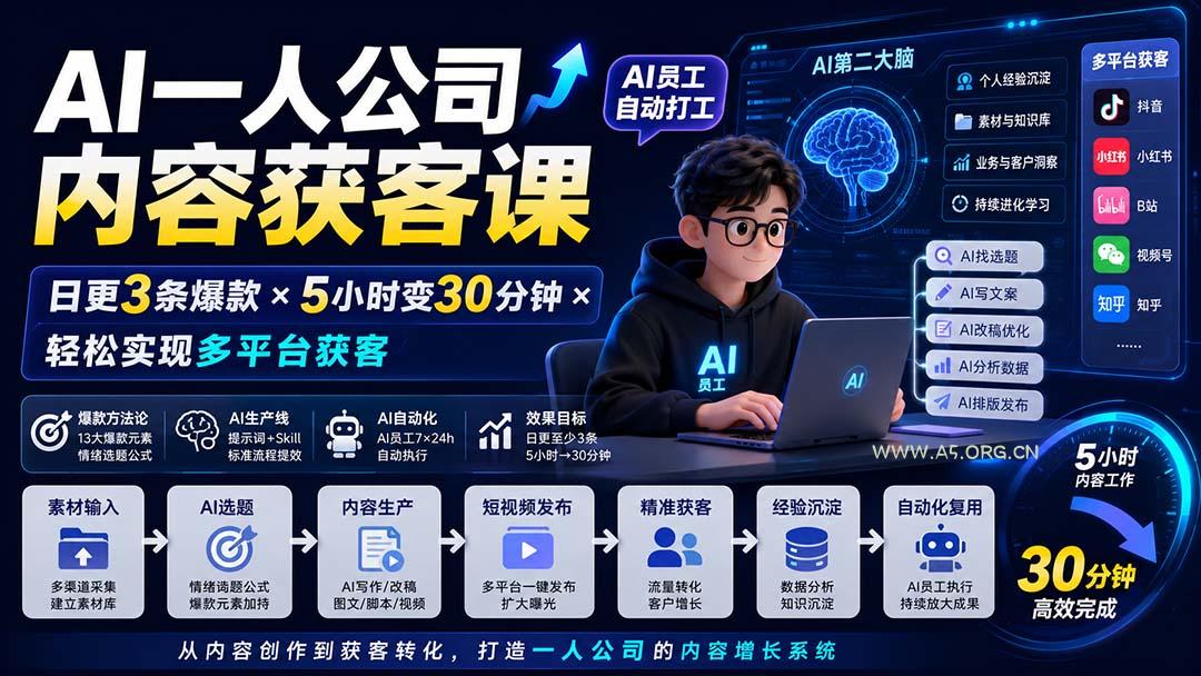 AI一人公司内容获客课-更新8月：日更3条爆款&times;5小时变30分钟&times;AI员工自动打工，轻松实现多平台获客 - 小红泡