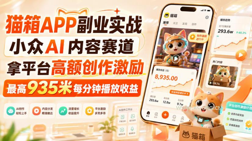 猫箱APP副业实战,小众AI内容赛道,拿平台高额创作激励,最高935米每分钟播放收益 - 小红泡 猫箱APP副业实战,小众AI内容赛道,拿平台高额创作激励,最高935米每分钟播放收益