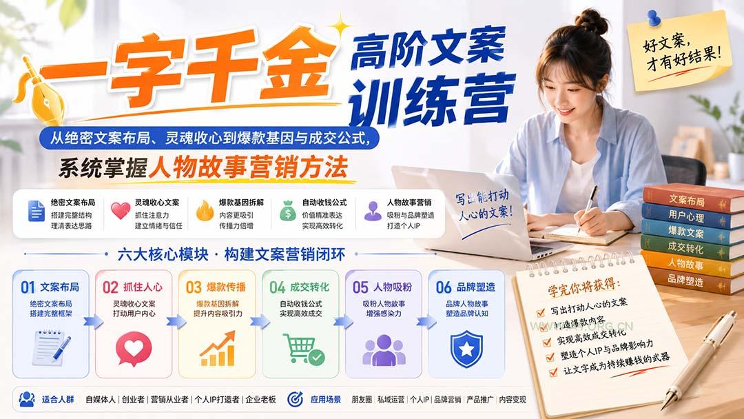 一字千金高阶文案训练营：从绝密文案布局、灵魂收心到爆款基因与成交公式，系统掌握人物故事营销方法 - 小红泡