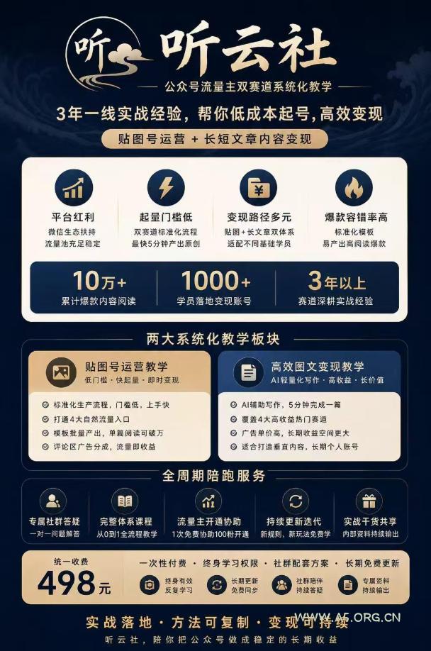 听云社公众号流量主双赛道系统化教学,3年一线实战经验,帮你低成本起号,高效变现,贴图号运营+长短文章内容变现 - 小红泡 听云社公众号流量主双赛道系统化教学,3年一线实战经验,帮你低成本起号,高效变现,贴图号运营+长短文章内容变现