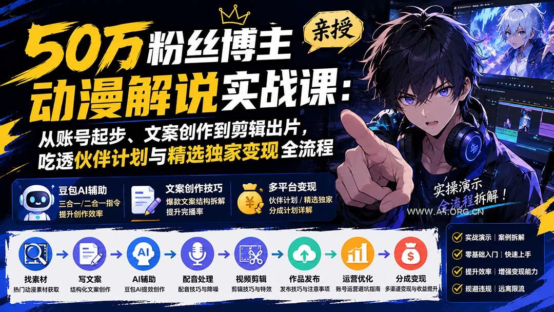 50万粉丝博主亲授动漫解说实战课：从账号起步、文案创作到剪辑出片，吃透伙伴计划与精选独家变现全流程 - 小红泡