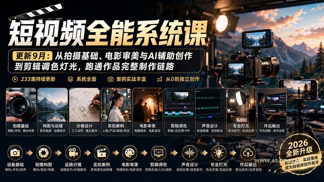 短视频全能系统课-更新8月233集：从拍摄基础、电影审美与AI辅助创作到剪辑调色灯光，跑通作品完整制作链路 - 小红泡