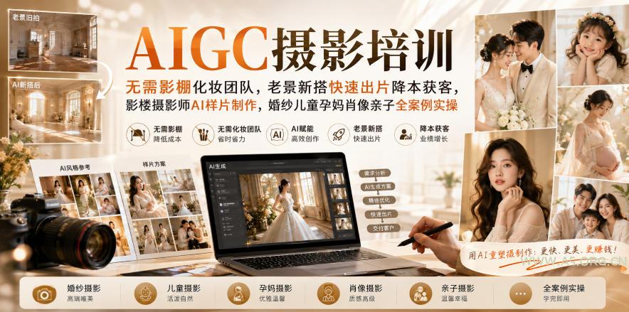 AIGC摄影培训｜无需影棚化妆团队，老景新搭快速出片降本获客，影楼摄影师AI样片制作，婚纱儿童孕妈肖像亲子全案例实操