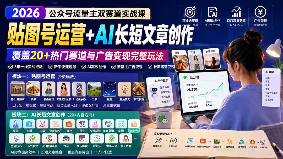 公众号流量主双赛道实战课：贴图号运营+AI长短文章创作，覆盖20+热门赛道与广告变现完整玩法 - 小红泡