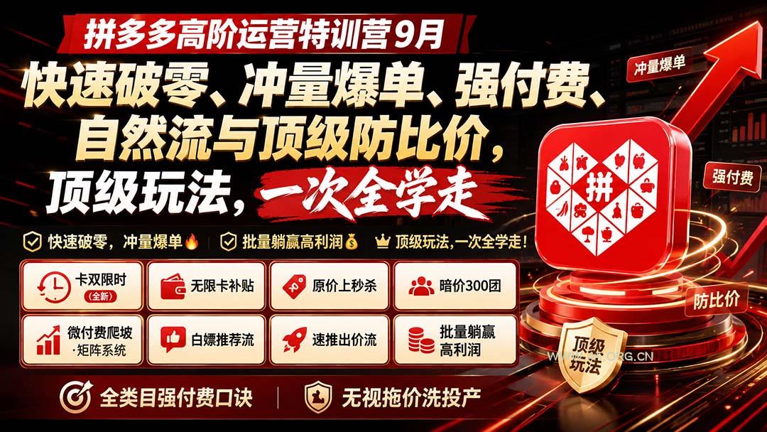 拼多多高阶运营特训营9月：快速破零、冲量爆单、强付费、自然流与顶级防比价， 顶级玩法，一次全学走 - 小红泡