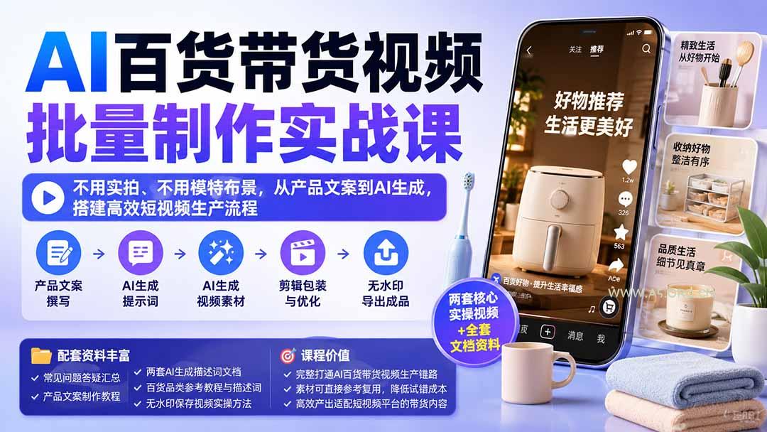 AI百货带货视频批量制作实战课:不用实拍、不用模特布景,从产品文案到AI生成,搭建高效短视频生产流程 - 小红泡 AI百货带货视频批量制作实战课:不用实拍、不用模特布景,从产品文案到AI生成,搭建高效短视频生产流程 - 小红泡