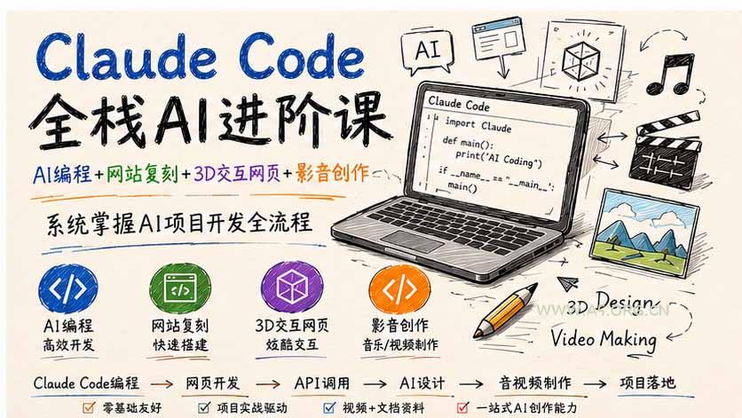 Claude Code全栈AI进阶课-更新；AI编程+网站复刻+3D交互网页+影音创作，系统掌握AI项目开发全流程 - 小红泡
