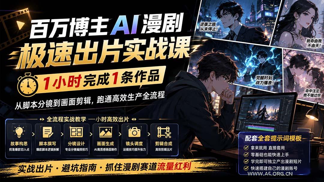 百万博主AI漫剧极速出片实战课：1小时产出条作品，从脚本分镜到画面剪辑，跑通高效生产全流程 - 小红泡