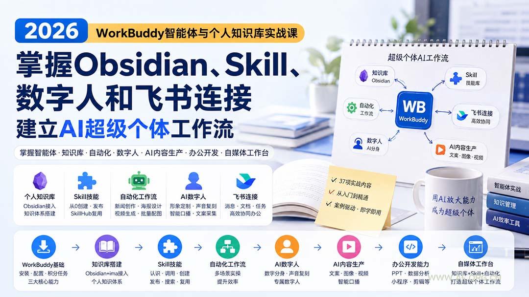 2026 WorkBuddy智能体与个人知识库实战课：掌握Obsidian、Skill、数字人和飞书连接，建立AI超级个体工作流 - 小红泡