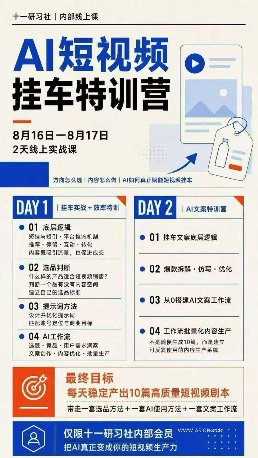 AI短视频挂车生产力8月16-17线上课实战营：2天掌握选品方法+AI使用方法+文案工作流，建立每天10篇高质量剧本生产线 - 小红泡