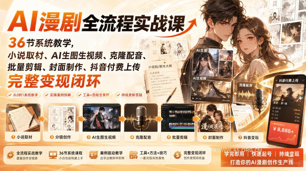 AI漫剧全流程实战课|36节系统教学,小说取材、AI生图生视频、克隆配音、批量剪辑、封面制作、抖音付费上传完整变现闭环 - 小红泡 AI漫剧全流程实战课|36节系统教学,小说取材、AI生图生视频、克隆配音、批量剪辑、封面制作、抖音付费上传完整变现闭环