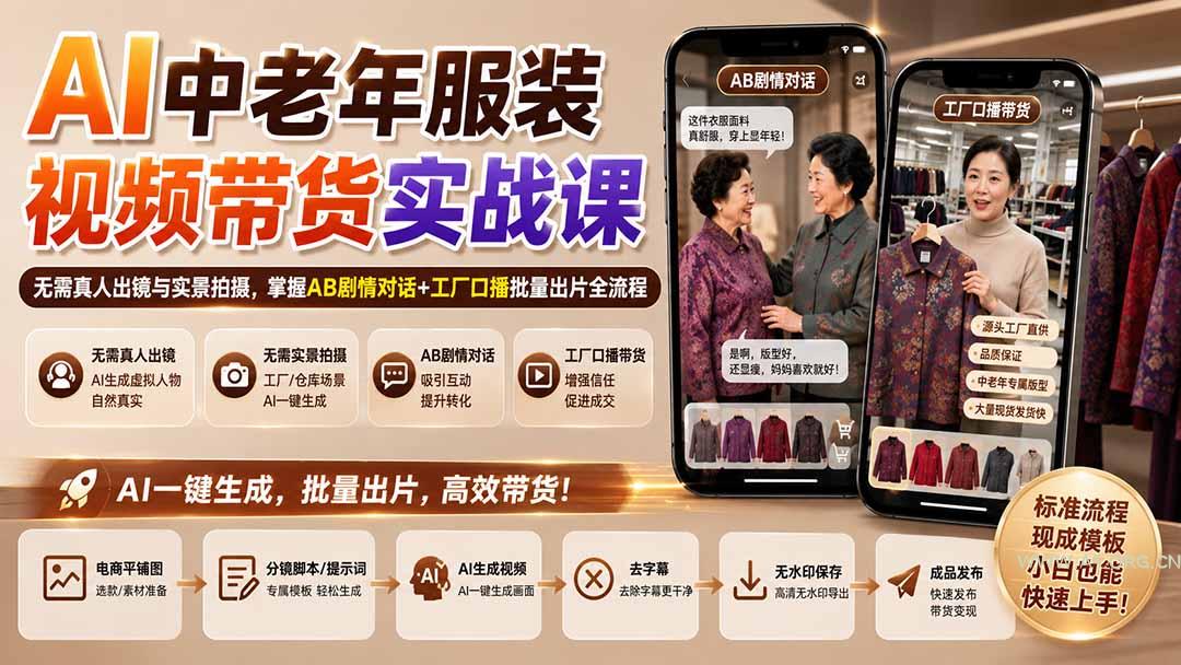AI中老年服装视频带货实战课：无需真人出镜与实景拍摄，掌握AB剧情对话+工厂口播批量出片全流程 - 小红泡