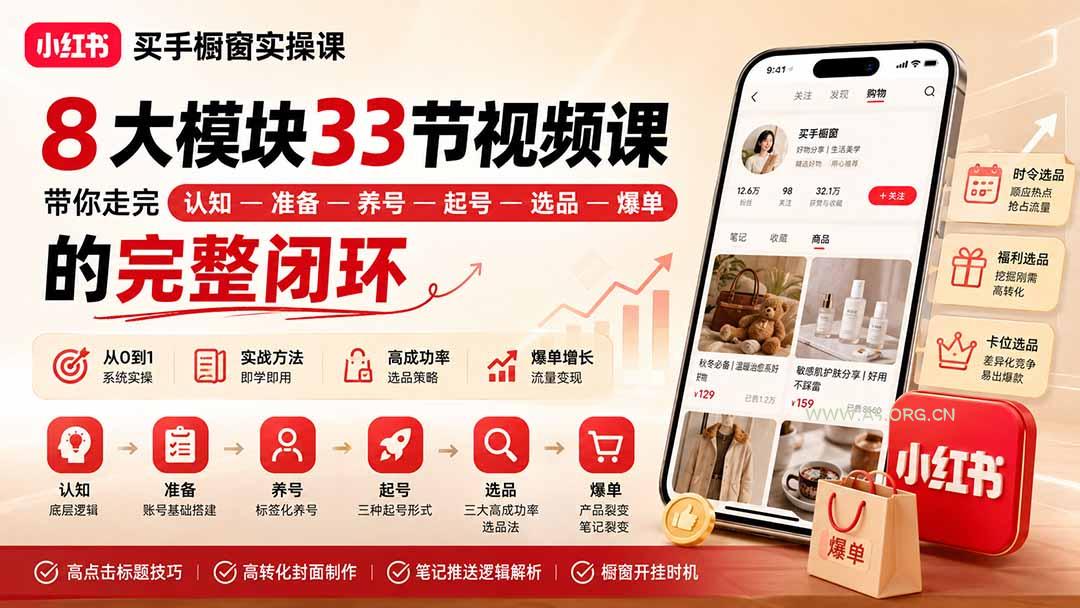 小红书买手橱窗实操课:8大模块33节视频课,带你走完”认知—准备—养号—起号—选品—爆单”的完整闭环 - 小红泡 小红书买手橱窗实操课:8大模块33节视频课,带你走完”认知—准备—养号—起号—选品—爆单”的完整闭环 - 小红泡