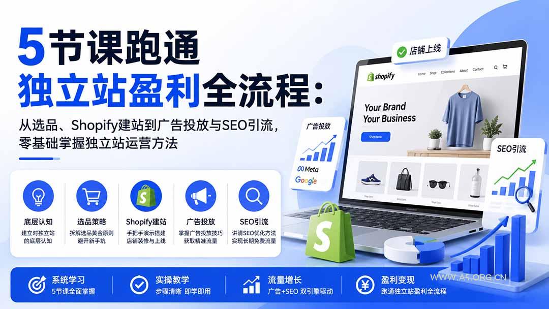 5节课跑通独立站盈利全流程：从选品、Shopify建站到广告投放与SEO引流，零基础掌握独立站运营方法 - 小红泡
