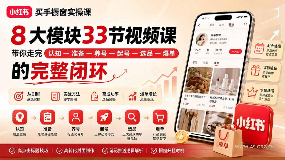 小红书买手橱窗实操课：8大模块33节视频课，带你走完&rdquo;认知&mdash;准备&mdash;养号&mdash;起号&mdash;选品&mdash;爆单&rdquo;的完整闭环 - 小红泡