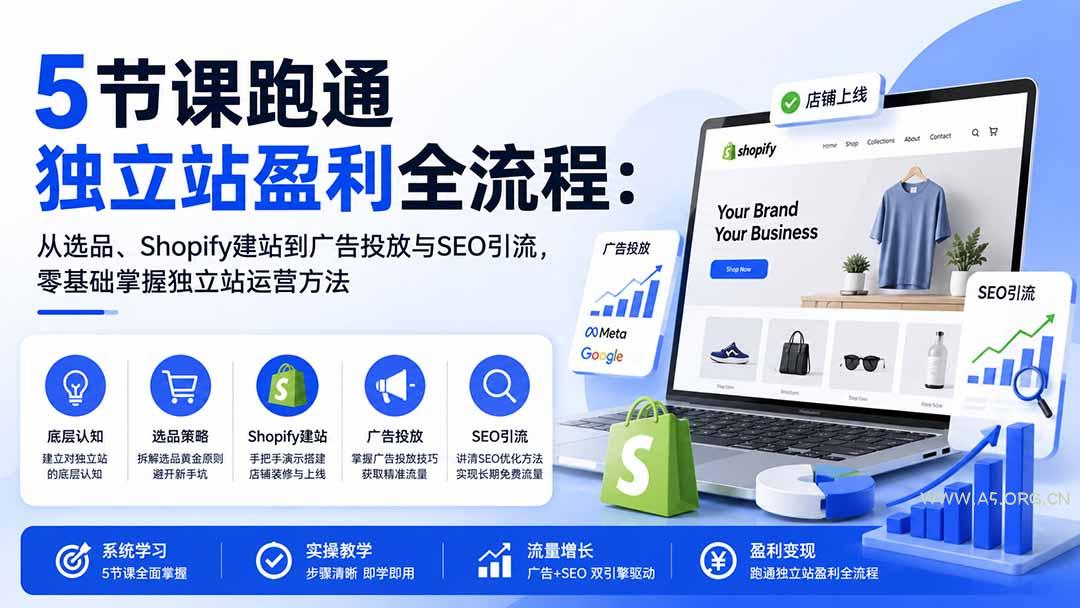 5节课跑通独立站盈利全流程：从选品、Shopify建站到广告投放与SEO引流，零基础掌握独立站运营方法 - 小红泡