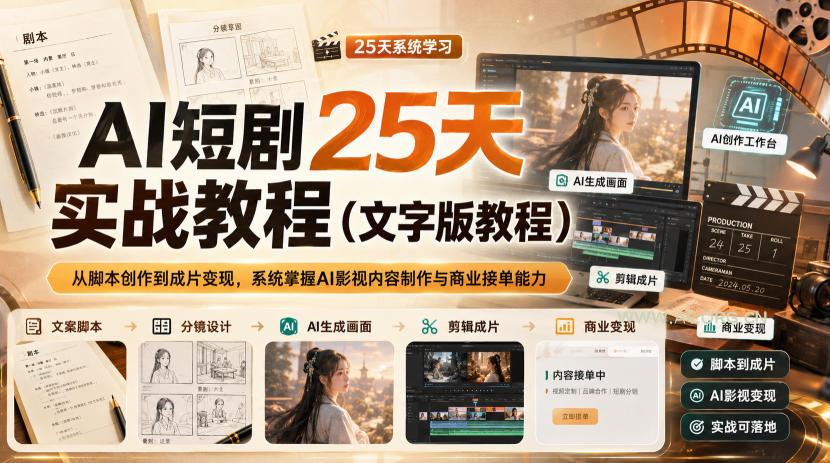 AI短剧25天实战教程(文字版教程),从脚本创作到成片变现,系统掌握AI影视内容制作与商业接单能力 - 小红泡 AI短剧25天实战教程(文字版教程),从脚本创作到成片变现,系统掌握AI影视内容制作与商业接单能力