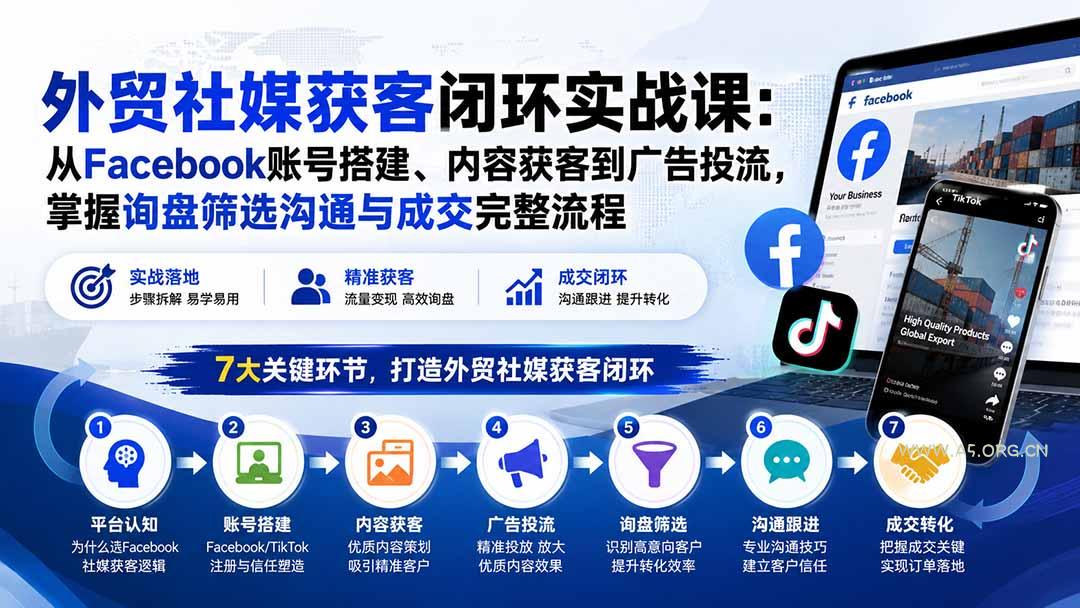 外贸社媒获客闭环实战课：从Facebook账号搭建、内容获客到广告投流，掌握询盘筛选沟通与成交完整流程 - 小红泡