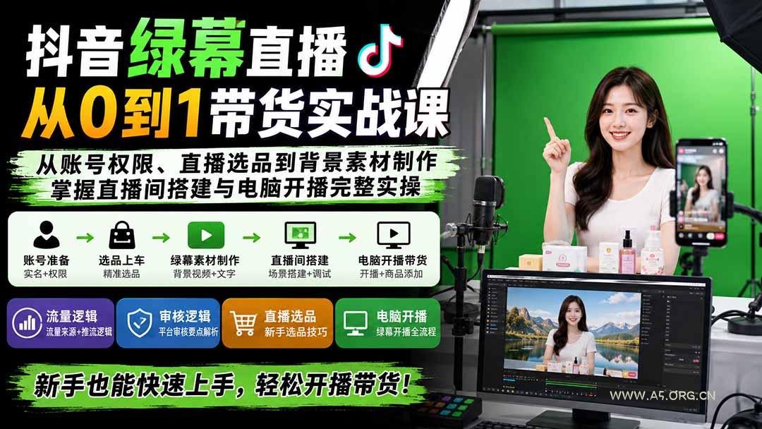 抖音绿幕直播从0到1带货实战课：从账号权限、直播选品到背景素材制作，掌握直播间搭建与电脑开播完整实操 - 小红泡