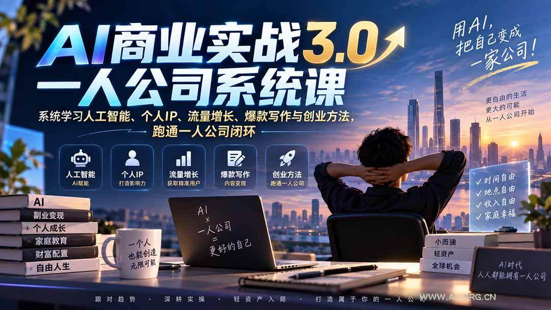 AI商业实战3.0一人公司系统课：系统学习人工智能、个人IP、流量增长、爆款写作与创业方法，跑通一人公司闭环 - 小红泡