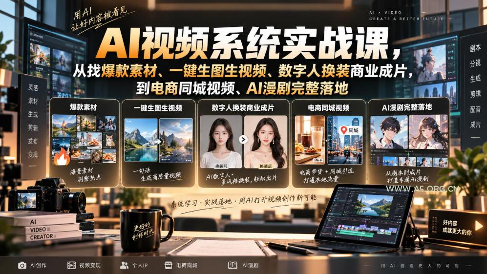 AI视频系统实战课，从找爆款素材、一键生图生视频、数字人换装商业成片，到电商同城视频、AI漫剧完整落地