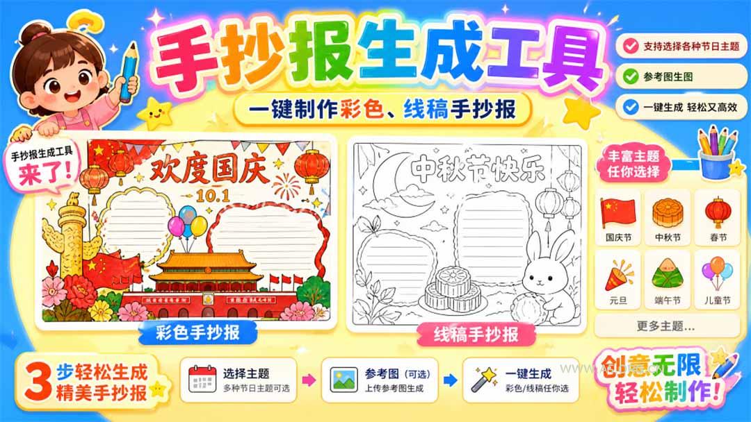 手抄报批量生成工具来了，完全免费，告别豆包生图，这个高清无水印 - 小红泡