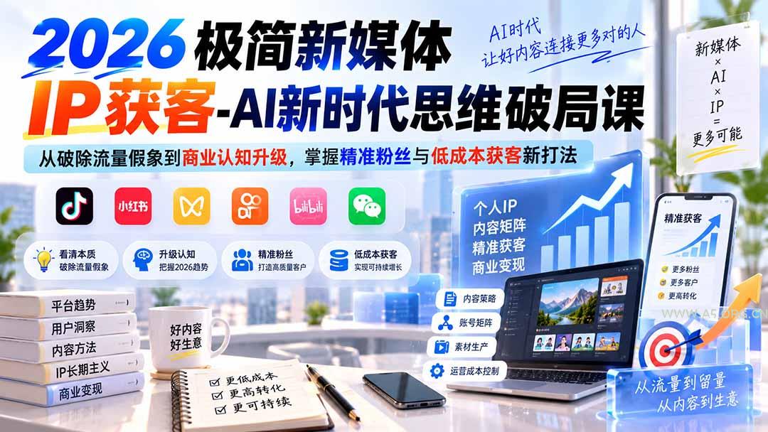 2026极简新媒体IP获客-AI新时代思维破局课：从破除流量假象到商业认知升级，掌握精准粉丝与低成本获客新打法 - 小红泡