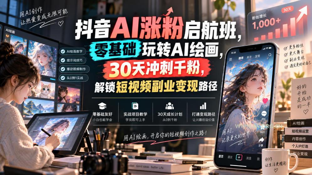 抖音AI涨粉启航班,零基础玩转AI绘画,30天冲刺千粉,解锁短视频副业变现路径 - 小红泡 抖音AI涨粉启航班,零基础玩转AI绘画,30天冲刺千粉,解锁短视频副业变现路径