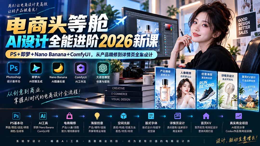 电商头等舱AI设计全能进阶2026新课:PS+即梦+Nano Banana+ComfyUI,从产品精修到详情页全案设计 - 小红泡 电商头等舱AI设计全能进阶2026新课:PS+即梦+Nano Banana+ComfyUI,从产品精修到详情页全案设计 - 小红泡