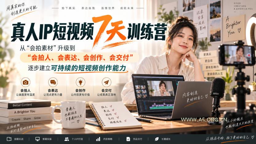 真人IP短视频7天训练营，从&ldquo;会拍素材&rdquo;升级到&ldquo;会拍人、会表达、会创作、会交付&rdquo;，逐步建立可持续的短视频创作能力