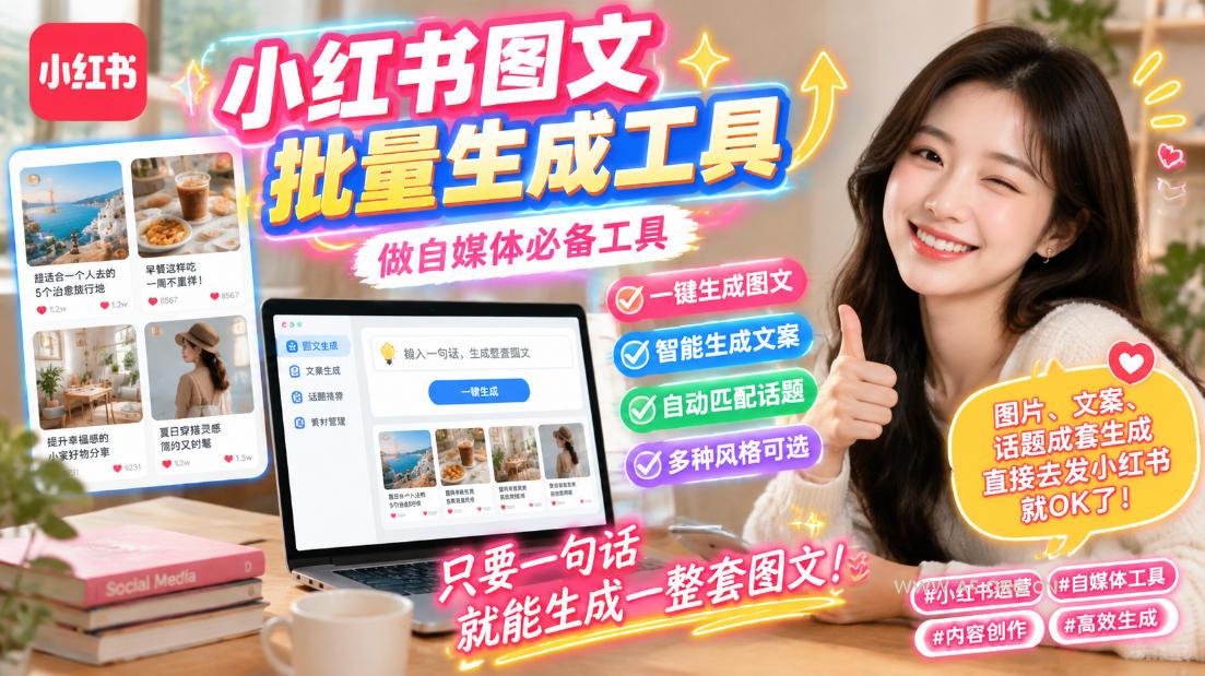 小红书图文批量生成工具,话题、文案、配图一键生成,直接发布,做自媒体必备工具 - 小红泡 小红书图文批量生成工具,话题、文案、配图一键生成,直接发布,做自媒体必备工具