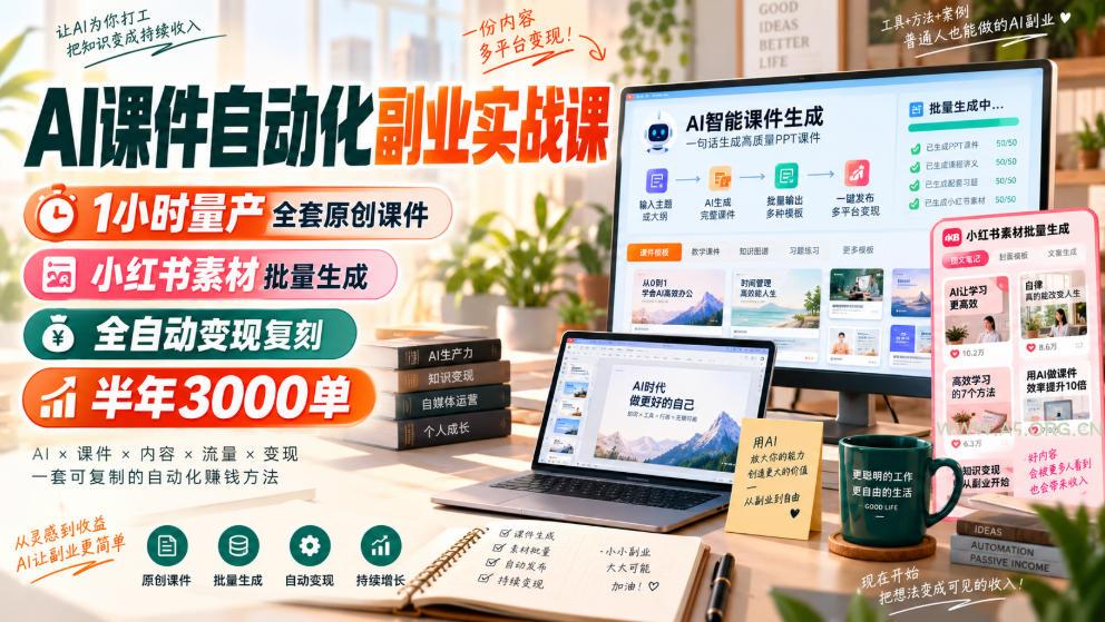 AI课件自动化副业实战课,1小时量产全套原创课件,小红书素材批量生成,全自动变现复刻,半年3000单 - 小红泡 AI课件自动化副业实战课,1小时量产全套原创课件,小红书素材批量生成,全自动变现复刻,半年3000单