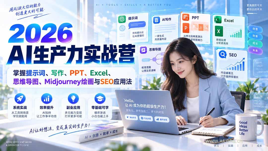 2026AI生产力实战营:掌握提示词、写作、PPT、Excel、思维导图、Midjourney绘画与SEO应用法 - 小红泡 2026AI生产力实战营:掌握提示词、写作、PPT、Excel、思维导图、Midjourney绘画与SEO应用法 - 小红泡