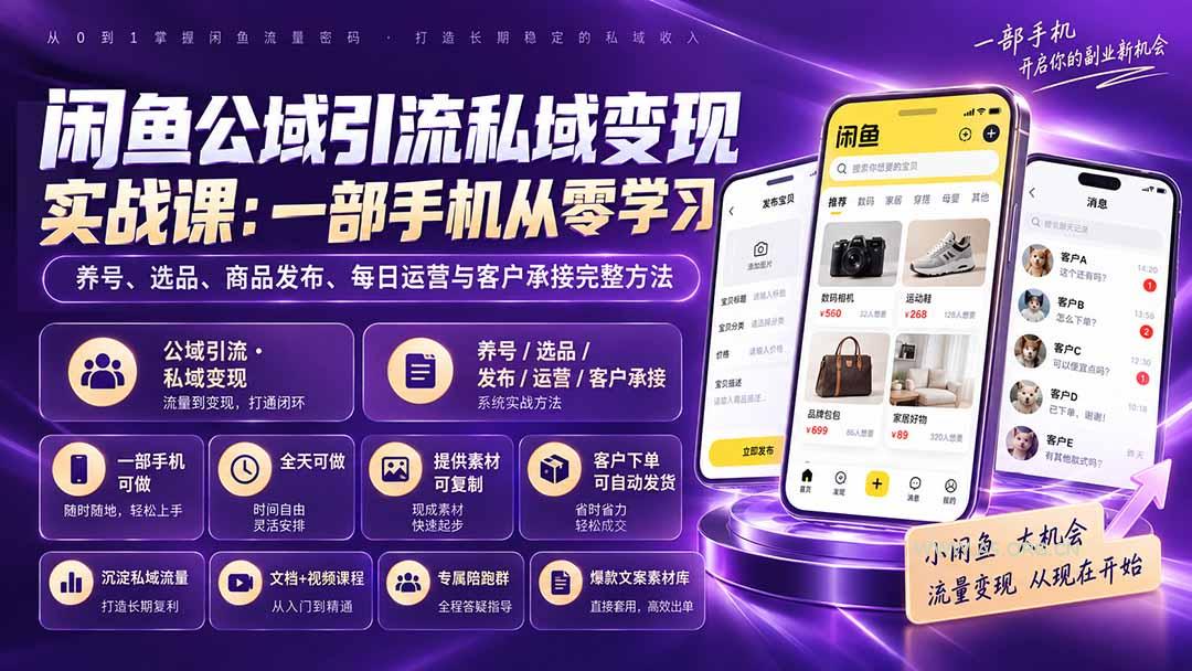 闲鱼公域引流私域变现实战课：一部手机从零学习养号、选品、商品发布、每日运营与客户承接完整方法 - 小红泡