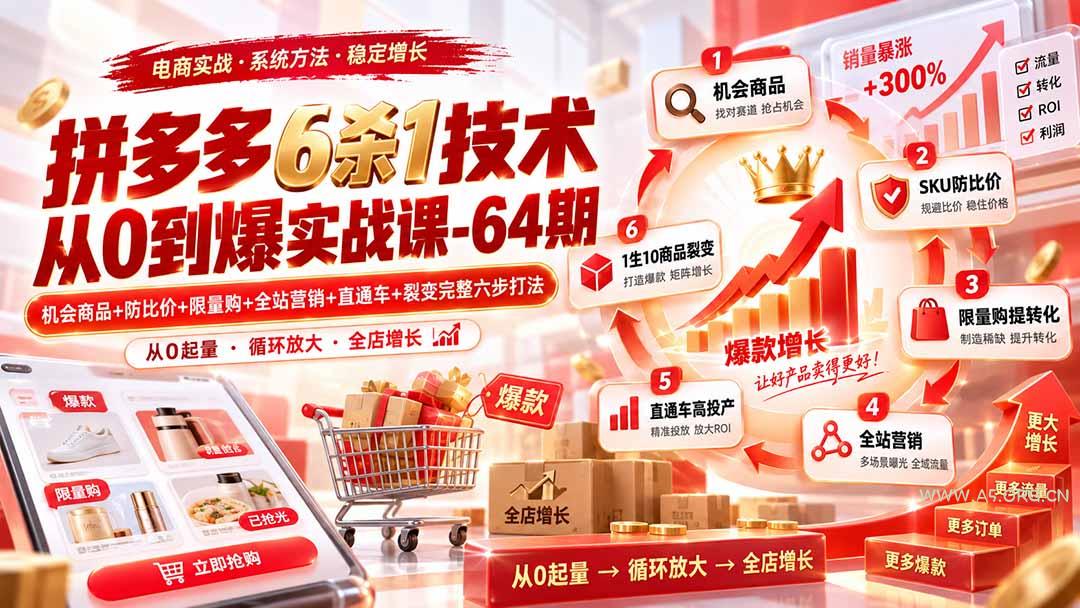 拼多多6杀1技术从0到爆实战课-64期：机会商品+防比价+限量购+全站营销+直通车+裂变完整六步打法 - 小红泡
