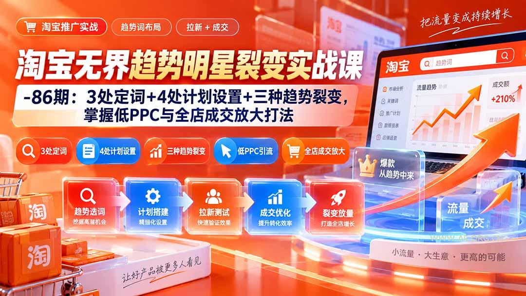 淘宝无界趋势明星裂变实战课-86期：3处定词+4处计划设置+三种趋势裂变，掌握低PPC与全店成交放大打法 - 小红泡