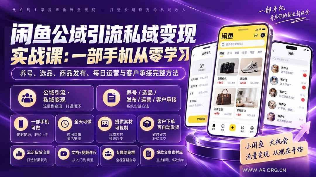 闲鱼公域引流私域变现实战课：一部手机从零学习养号、选品、商品发布、每日运营与客户承接完整方法 - 小红泡