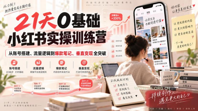 21天0基础小红书实操训练营｜从账号搭建、流量逻辑到爆款笔记、垂直变现全突破
