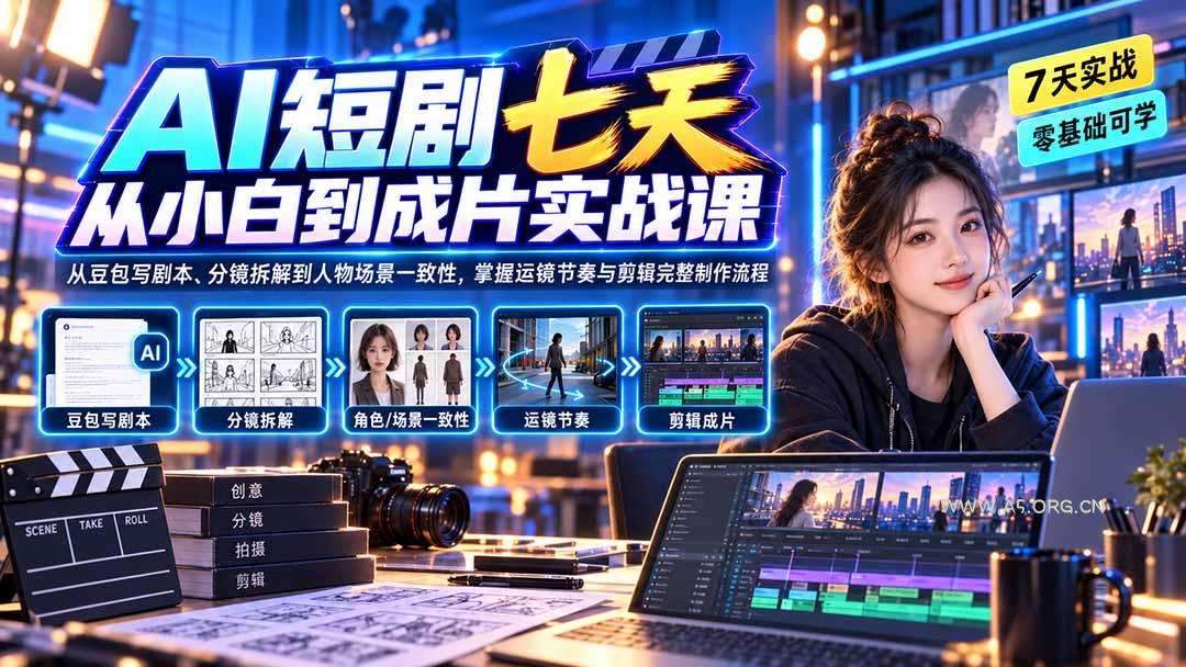 AI短剧七天从小白到成片实战课：从豆包写剧本、分镜拆解到人物场景一致性，掌握运镜节奏与剪辑完整制作流程 - 小红泡
