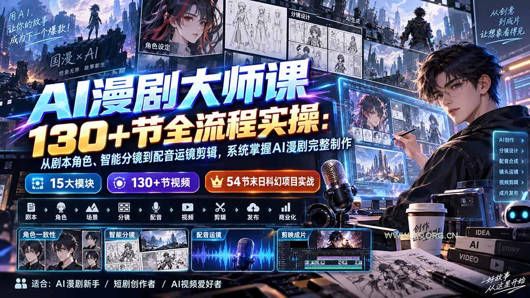 AI漫剧大师课130+节全流程实操:从剧本角色、智能分镜到配音运镜剪辑,系统掌握AI漫剧完整制作 - 小红泡 AI漫剧大师课130+节全流程实操:从剧本角色、智能分镜到配音运镜剪辑,系统掌握AI漫剧完整制作 - 小红泡